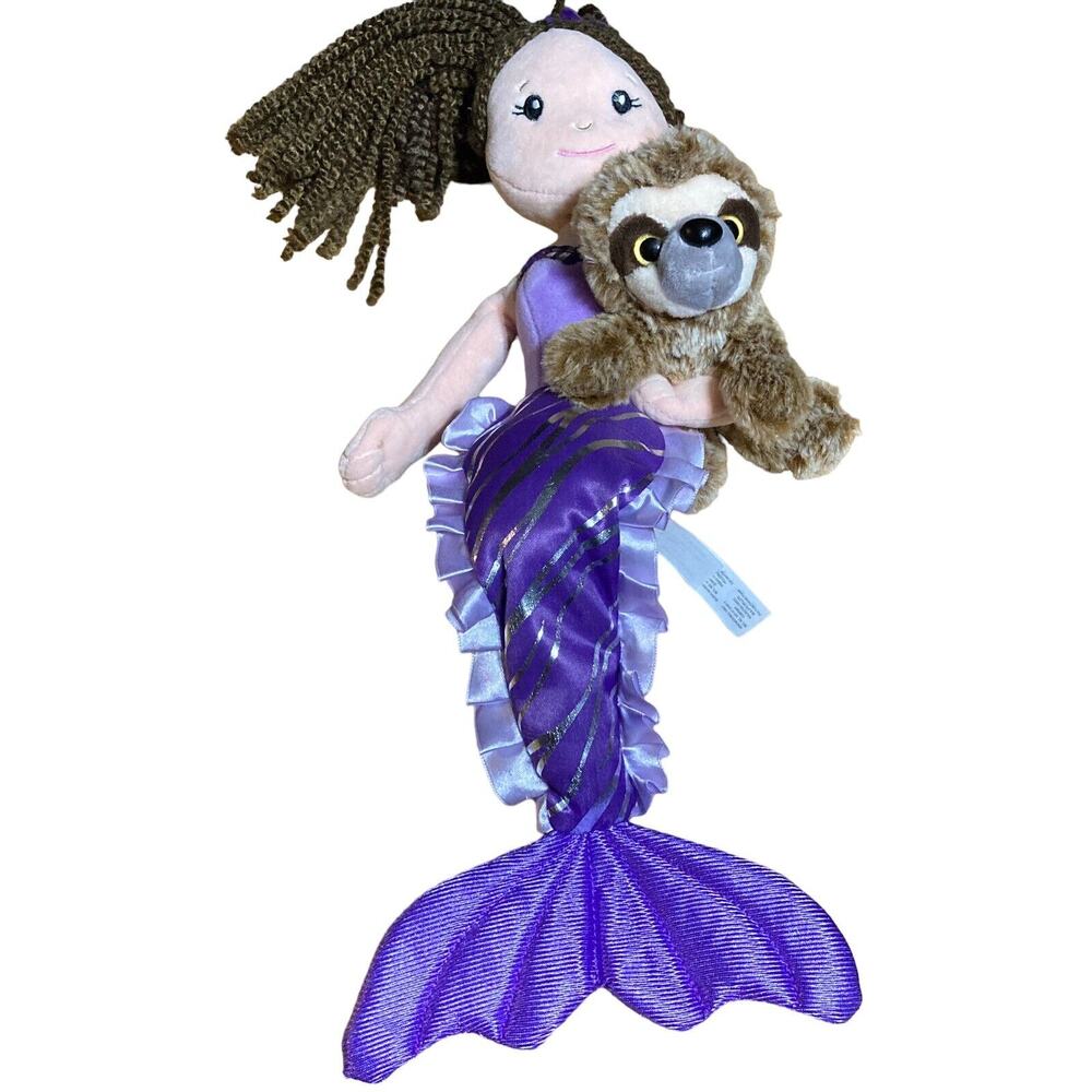 The Petting Zoo Mermaid Plush Stuffed Animal Doll Brown Hair W/ Sloth 18" Toy